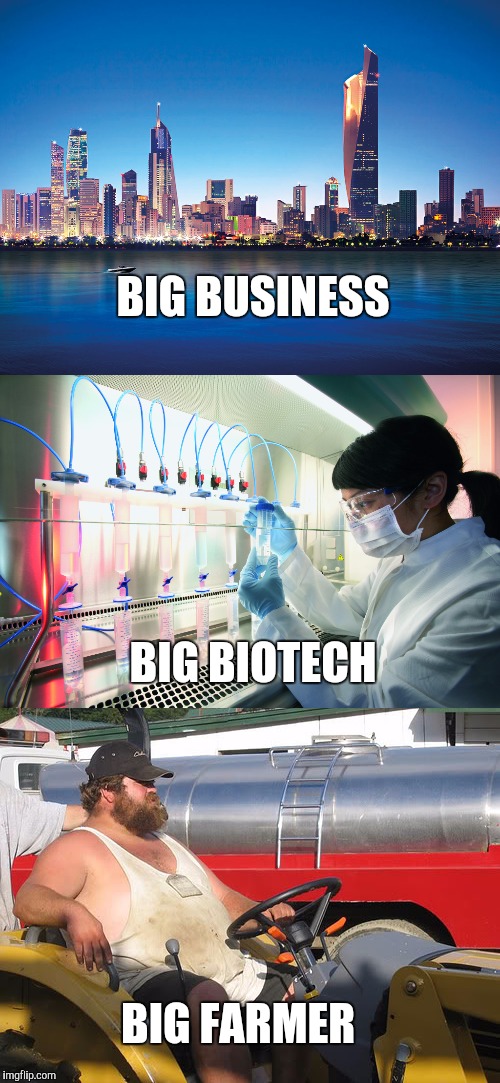 How farmers are partly to blame for the world's problems is beyond me ;) | BIG BUSINESS; BIG BIOTECH; BIG FARMER | image tagged in big pharma,meme | made w/ Imgflip meme maker