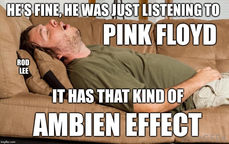 Rod Lee | HE'S FINE, HE WAS JUST LISTENING
TO; PINK FLOYD; ROD LEE; IT HAS THAT KIND OF; AMBIEN EFFECT | image tagged in pink floyd,ambien | made w/ Imgflip meme maker