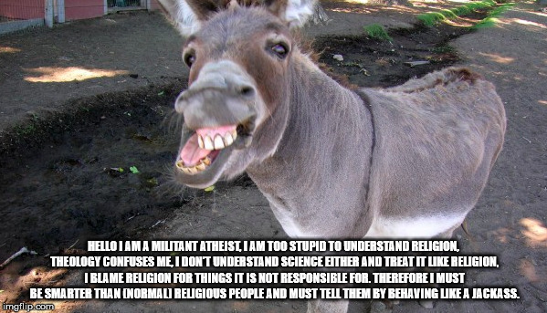 Militant Atheists  | HELLO I AM A MILITANT ATHEIST, I AM TOO STUPID TO UNDERSTAND RELIGION, THEOLOGY CONFUSES ME, I DON'T UNDERSTAND SCIENCE EITHER AND TREAT IT LIKE RELIGION, I BLAME RELIGION FOR THINGS IT IS NOT RESPONSIBLE FOR. THEREFORE I MUST BE SMARTER THAN (NORMAL) RELIGIOUS PEOPLE AND MUST TELL THEM BY BEHAVING LIKE A JACKASS. | image tagged in atheism,religion,anti-religion,jackass | made w/ Imgflip meme maker