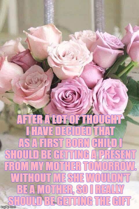 mother's day | AFTER A LOT OF THOUGHT I HAVE DECIDED THAT AS A FIRST BORN CHILD I SHOULD BE GETTING A PRESENT FROM MY MOTHER TOMORROW. WITHOUT ME SHE WOULDN'T BE A MOTHER, SO I REALLY SHOULD BE GETTING THE GIFT | image tagged in mother's day,first born,child,gift,funny,funny memes | made w/ Imgflip meme maker