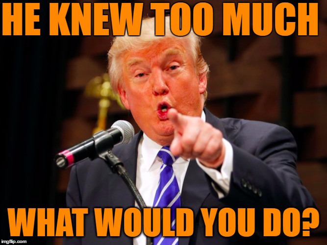 trump point | HE KNEW TOO MUCH WHAT WOULD YOU DO? | image tagged in trump point | made w/ Imgflip meme maker