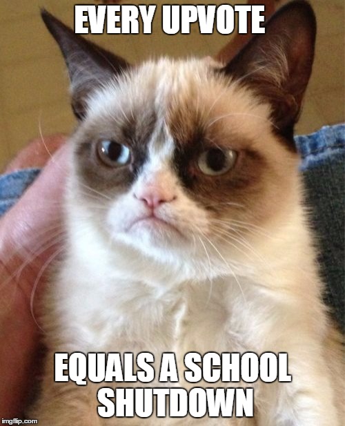 Grumpy Cat Meme | EVERY UPVOTE; EQUALS A SCHOOL SHUTDOWN | image tagged in memes,grumpy cat | made w/ Imgflip meme maker