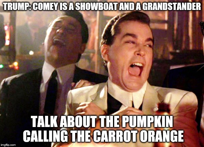 Good Fellas Hilarious Meme | TRUMP: COMEY IS A SHOWBOAT AND A GRANDSTANDER; TALK ABOUT THE PUMPKIN CALLING THE CARROT ORANGE | image tagged in memes,good fellas hilarious | made w/ Imgflip meme maker