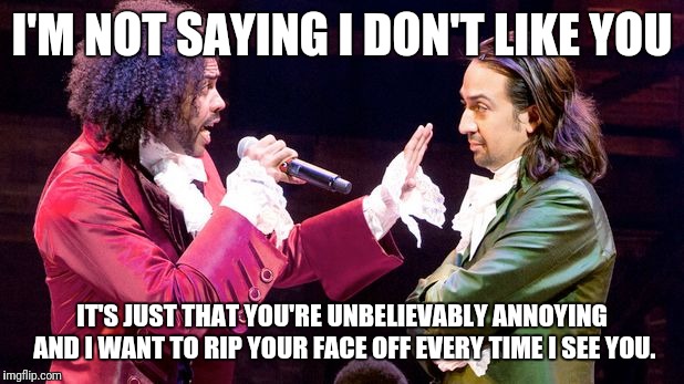 Hamilton | I'M NOT SAYING I DON'T LIKE YOU; IT'S JUST THAT YOU'RE UNBELIEVABLY ANNOYING AND I WANT TO RIP YOUR FACE OFF EVERY TIME I SEE YOU. | image tagged in hamilton | made w/ Imgflip meme maker