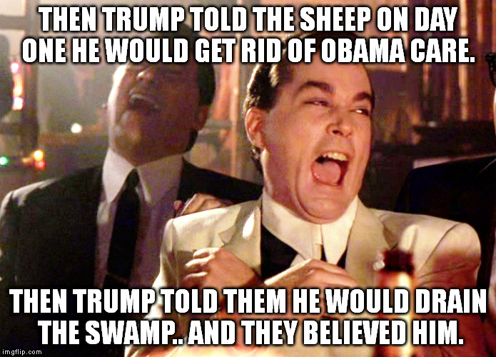 Good Fellows  | THEN TRUMP TOLD THE SHEEP ON DAY ONE HE WOULD GET RID OF OBAMA CARE. THEN TRUMP TOLD THEM HE WOULD DRAIN THE SWAMP.. AND THEY BELIEVED HIM. | image tagged in good fellows | made w/ Imgflip meme maker