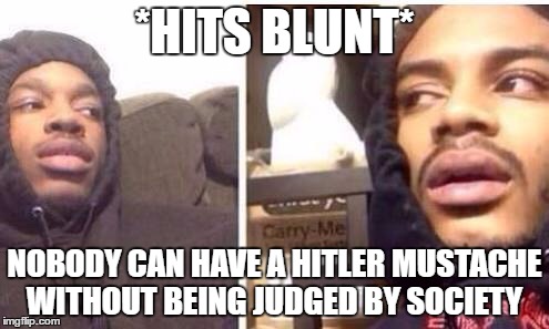 Hits blunt | *HITS BLUNT*; NOBODY CAN HAVE A HITLER MUSTACHE WITHOUT BEING JUDGED BY SOCIETY | image tagged in hits blunt | made w/ Imgflip meme maker