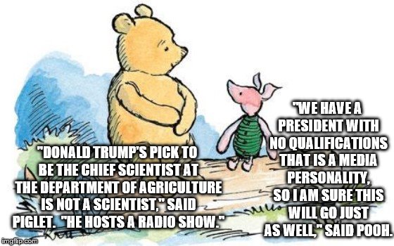 winnie the pooh and piglet | "WE HAVE A PRESIDENT WITH NO QUALIFICATIONS THAT IS A MEDIA PERSONALITY, SO I AM SURE THIS WILL GO JUST AS WELL," SAID POOH. "DONALD TRUMP'S PICK TO BE THE CHIEF SCIENTIST AT THE DEPARTMENT OF AGRICULTURE IS NOT A SCIENTIST," SAID PIGLET.  "HE HOSTS A RADIO SHOW." | image tagged in winnie the pooh and piglet | made w/ Imgflip meme maker
