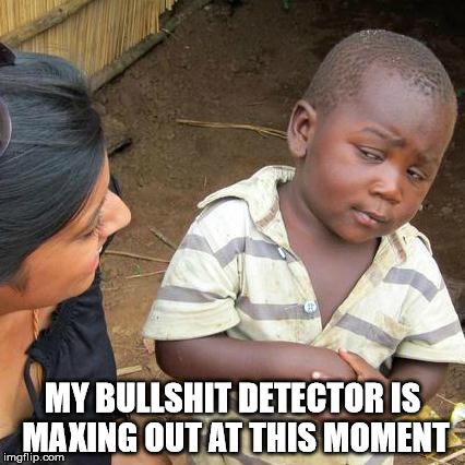 Third World Skeptical Kid Meme | MY BULLSHIT DETECTOR IS MAXING OUT AT THIS MOMENT | image tagged in memes,third world skeptical kid | made w/ Imgflip meme maker