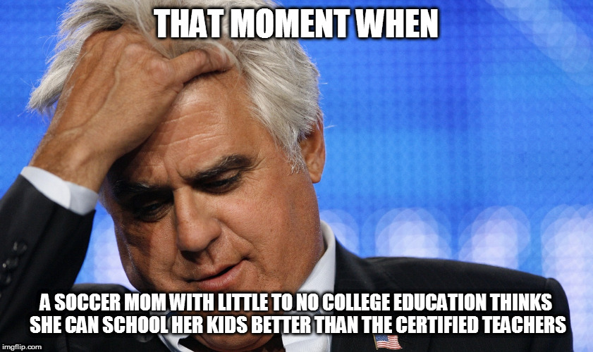 Jay Leno Facepalm | THAT MOMENT WHEN; A SOCCER MOM WITH LITTLE TO NO COLLEGE EDUCATION THINKS SHE CAN SCHOOL HER KIDS BETTER THAN THE CERTIFIED TEACHERS | image tagged in jay leno facepalm | made w/ Imgflip meme maker