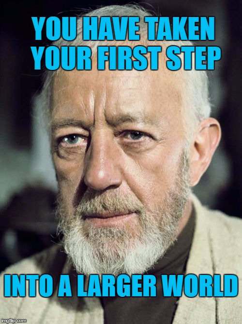 Larger world | YOU HAVE TAKEN YOUR FIRST STEP; INTO A LARGER WORLD | image tagged in obi-wan kenobi,memes | made w/ Imgflip meme maker