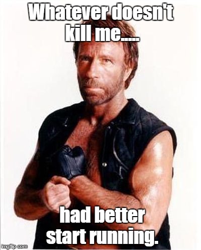 Chuck Norris Tough | Whatever doesn't kill me..... had better start running. | image tagged in chuck norris tough | made w/ Imgflip meme maker