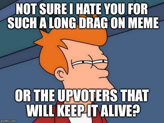 Futurama Fry Meme | NOT SURE I HATE YOU FOR SUCH A LONG DRAG ON MEME OR THE UPVOTERS THAT WILL KEEP IT ALIVE? | image tagged in memes,futurama fry | made w/ Imgflip meme maker