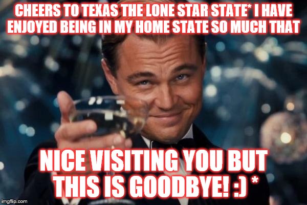 Leonardo Dicaprio Cheers Meme | CHEERS TO TEXAS THE LONE STAR STATE* I HAVE ENJOYED BEING IN MY HOME STATE SO MUCH THAT; NICE VISITING YOU BUT THIS IS GOODBYE! :) * | image tagged in memes,leonardo dicaprio cheers | made w/ Imgflip meme maker