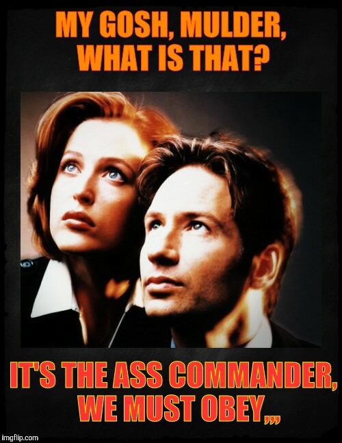 Mulder and Scully gaze to whatever,,, | MY GOSH, MULDER, WHAT IS THAT? IT'S THE ASS COMMANDER,   WE MUST OBEY,,, | image tagged in mulder and scully gaze to whatever   | made w/ Imgflip meme maker