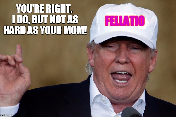 Donald Trump Blank MAGA Hat | FELLATIO YOU'RE RIGHT, I DO, BUT NOT AS HARD AS YOUR MOM! | image tagged in donald trump blank maga hat | made w/ Imgflip meme maker