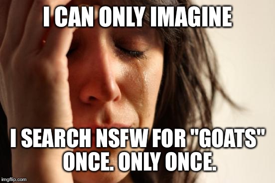 First World Problems Meme | I CAN ONLY IMAGINE I SEARCH NSFW FOR "GOATS" ONCE. ONLY ONCE. | image tagged in memes,first world problems | made w/ Imgflip meme maker