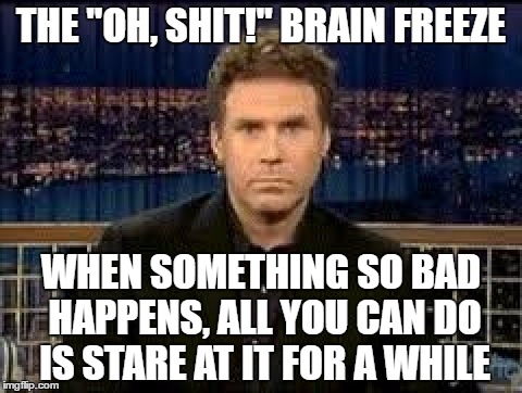I've experienced this all too often... | THE "OH, SHIT!" BRAIN FREEZE; WHEN SOMETHING SO BAD HAPPENS, ALL YOU CAN DO IS STARE AT IT FOR A WHILE | image tagged in memes,blank stare,shit,bad | made w/ Imgflip meme maker