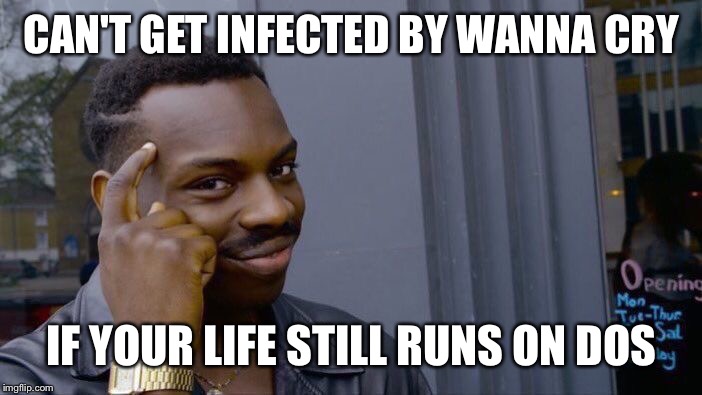 Roll Safe Think About It Meme | CAN'T GET INFECTED BY WANNA CRY; IF YOUR LIFE STILL RUNS ON DOS | image tagged in roll safe think about it | made w/ Imgflip meme maker