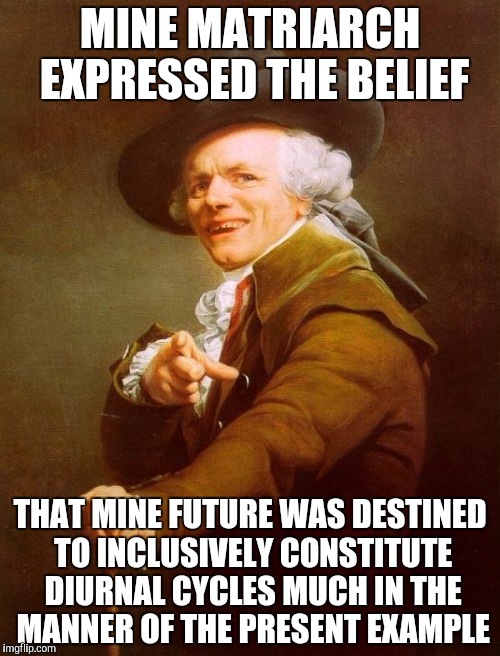 Here's one in honor of Mother's Day! | MINE MATRIARCH EXPRESSED THE BELIEF; THAT MINE FUTURE WAS DESTINED TO INCLUSIVELY CONSTITUTE DIURNAL CYCLES MUCH IN THE MANNER OF THE PRESENT EXAMPLE | image tagged in memes,joseph ducreux,happy mother's day | made w/ Imgflip meme maker