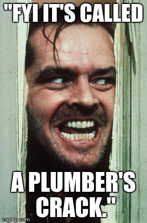 Here's Johnny Meme | "FYI IT'S CALLED; A PLUMBER'S CRACK." | image tagged in memes,heres johnny | made w/ Imgflip meme maker
