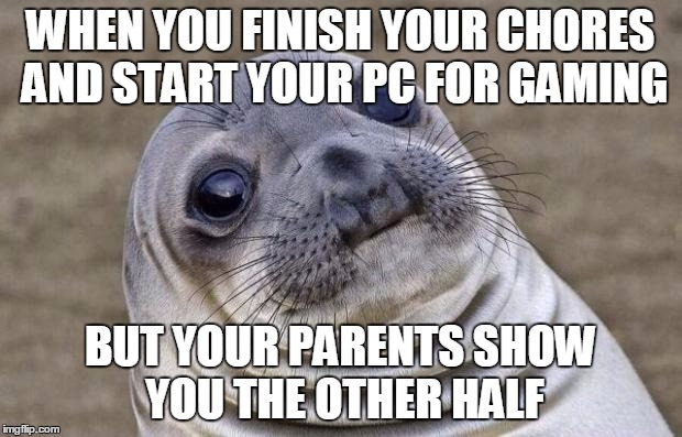 Awkward Moment Sealion Meme | WHEN YOU FINISH YOUR CHORES AND START YOUR PC FOR GAMING; BUT YOUR PARENTS SHOW YOU THE OTHER HALF | image tagged in memes,awkward moment sealion | made w/ Imgflip meme maker