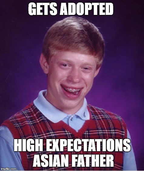 Yeah he'll probably become Aad luck Airian | GETS ADOPTED; HIGH EXPECTATIONS ASIAN FATHER | image tagged in memes,bad luck brian,high expectations asian father | made w/ Imgflip meme maker