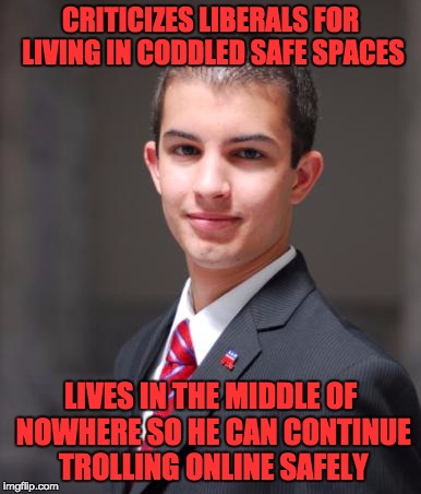 CRITICIZES LIBERALS FOR LIVING IN CODDLED SAFE SPACES LIVES IN THE MIDDLE OF NOWHERE SO HE CAN CONTINUE TROLLING ONLINE SAFELY | made w/ Imgflip meme maker