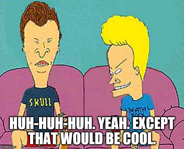 B&B Too Cool to be True | HUH-HUH-HUH. YEAH. EXCEPT THAT WOULD BE COOL. | image tagged in beavis and butt-head,too cool,too good to be true | made w/ Imgflip meme maker