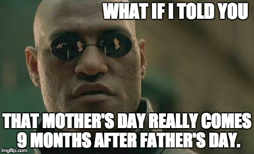 Matrix Morpheus Meme | WHAT IF I TOLD YOU; THAT MOTHER'S DAY REALLY COMES 9 MONTHS AFTER FATHER'S DAY. | image tagged in memes,matrix morpheus | made w/ Imgflip meme maker
