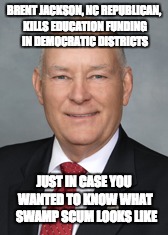 BRENT JACKSON, NC REPUBLICAN, KILLS EDUCATION FUNDING IN DEMOCRATIC DISTRICTS; JUST IN CASE YOU WANTED TO KNOW WHAT  SWAMP SCUM LOOKS LIKE | image tagged in scumbag | made w/ Imgflip meme maker