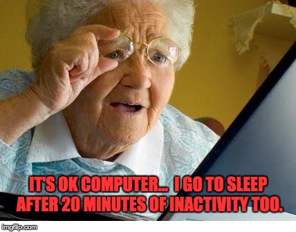 old lady at computer | IT'S OK COMPUTER...  I GO TO SLEEP AFTER 20 MINUTES OF INACTIVITY TOO. | image tagged in old lady at computer | made w/ Imgflip meme maker