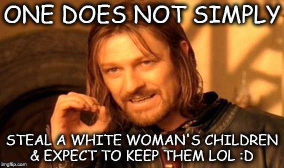 One Does Not Simply Meme | ONE DOES NOT SIMPLY; STEAL A WHITE WOMAN'S CHILDREN & EXPECT TO KEEP THEM LOL :D | image tagged in memes,one does not simply | made w/ Imgflip meme maker