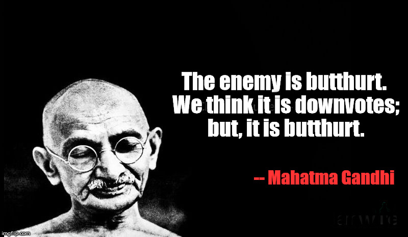 I love Gandhi... I live by his teachings every day. | The enemy is butthurt. We think it is downvotes; but, it is butthurt. -- Mahatma Gandhi; ||||||||||| | image tagged in memes,gandhi,inspirational quote,butthurt,downvotes | made w/ Imgflip meme maker