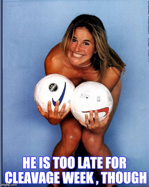 Brandi Chastain | HE IS TOO LATE FOR CLEAVAGE WEEK , THOUGH | image tagged in brandi chastain | made w/ Imgflip meme maker