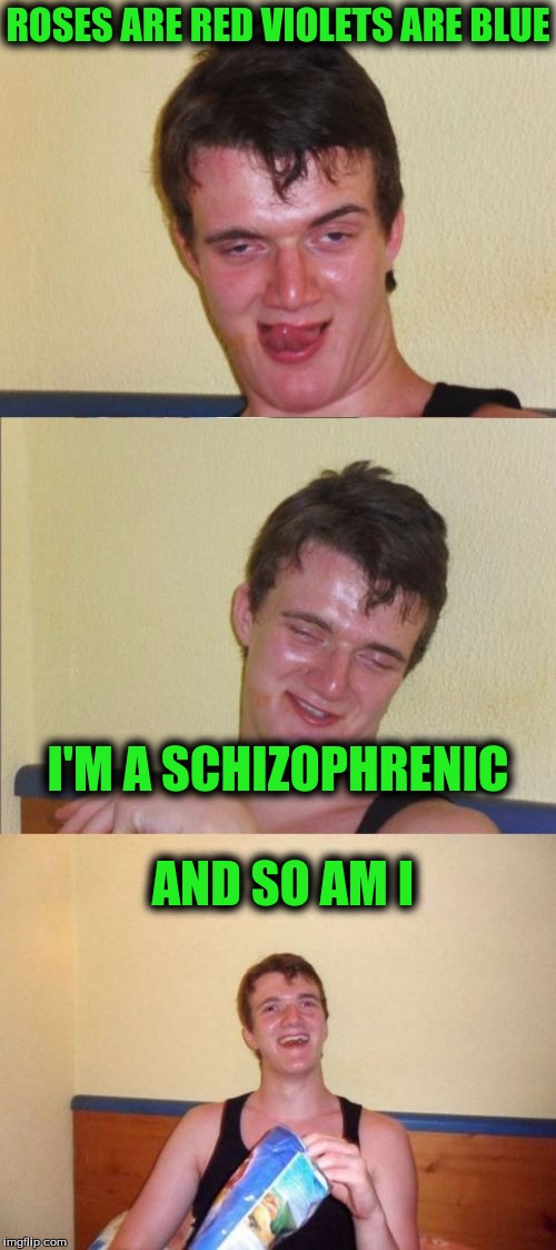 10 guy bad pun | ROSES ARE RED VIOLETS ARE BLUE; I'M A SCHIZOPHRENIC AND SO AM I | image tagged in 10 guy bad pun | made w/ Imgflip meme maker