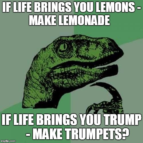 Philosoraptor Meme | IF LIFE BRINGS YOU LEMONS
- MAKE LEMONADE; IF LIFE BRINGS YOU TRUMP     - MAKE TRUMPETS? | image tagged in memes,philosoraptor | made w/ Imgflip meme maker