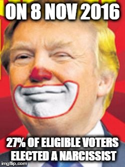 Donald Trump the Clown | ON 8 NOV 2016; 27% OF ELIGIBLE VOTERS ELECTED A NARCISSIST | image tagged in donald trump the clown | made w/ Imgflip meme maker