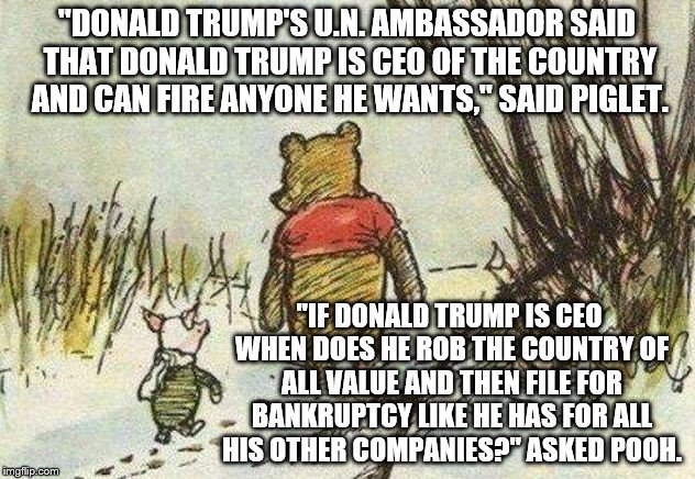 Pooh Piglet | "DONALD TRUMP'S U.N. AMBASSADOR SAID THAT DONALD TRUMP IS CEO OF THE COUNTRY AND CAN FIRE ANYONE HE WANTS," SAID PIGLET. "IF DONALD TRUMP IS CEO WHEN DOES HE ROB THE COUNTRY OF ALL VALUE AND THEN FILE FOR BANKRUPTCY LIKE HE HAS FOR ALL HIS OTHER COMPANIES?" ASKED POOH. | image tagged in pooh piglet | made w/ Imgflip meme maker