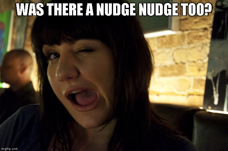 Wink | WAS THERE A NUDGE NUDGE TOO? | image tagged in wink | made w/ Imgflip meme maker