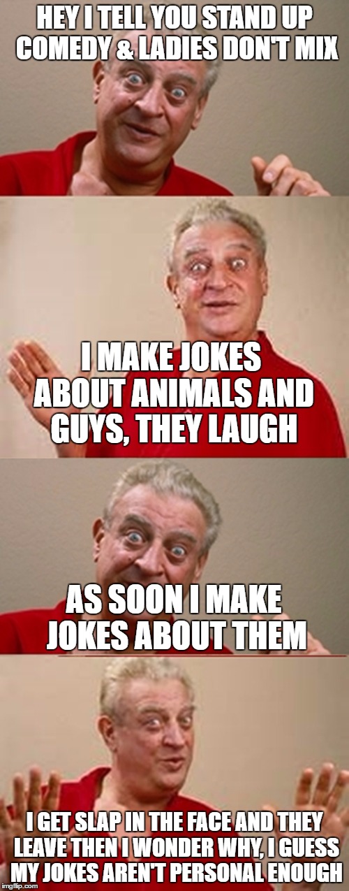 Bad Pun Rodney Dangerfield | HEY I TELL YOU STAND UP COMEDY & LADIES DON'T MIX; I MAKE JOKES ABOUT ANIMALS AND GUYS, THEY LAUGH; AS SOON I MAKE JOKES ABOUT THEM; I GET SLAP IN THE FACE AND THEY LEAVE THEN I WONDER WHY, I GUESS MY JOKES AREN'T PERSONAL ENOUGH | image tagged in bad pun rodney dangerfield | made w/ Imgflip meme maker