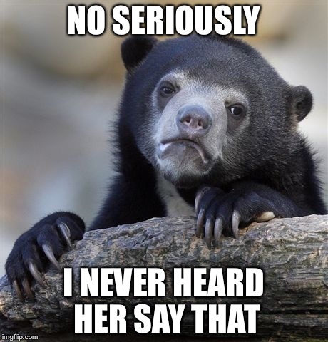 Confession Bear Meme | NO SERIOUSLY I NEVER HEARD HER SAY THAT | image tagged in memes,confession bear | made w/ Imgflip meme maker