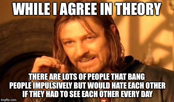 One Does Not Simply Meme | WHILE I AGREE IN THEORY THERE ARE LOTS OF PEOPLE THAT BANG PEOPLE IMPULSIVELY BUT WOULD HATE EACH OTHER IF THEY HAD TO SEE EACH OTHER EVERY  | image tagged in memes,one does not simply | made w/ Imgflip meme maker