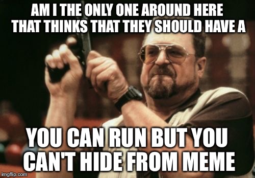 Am I The Only One Around Here | AM I THE ONLY ONE AROUND HERE THAT THINKS THAT THEY SHOULD HAVE A; YOU CAN RUN BUT YOU CAN'T HIDE FROM MEME | image tagged in memes,am i the only one around here | made w/ Imgflip meme maker