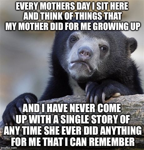 Confession Bear Meme | EVERY MOTHERS DAY I SIT HERE AND THINK OF THINGS THAT MY MOTHER DID FOR ME GROWING UP; AND I HAVE NEVER COME UP WITH A SINGLE STORY OF ANY TIME SHE EVER DID ANYTHING FOR ME THAT I CAN REMEMBER | image tagged in memes,confession bear | made w/ Imgflip meme maker