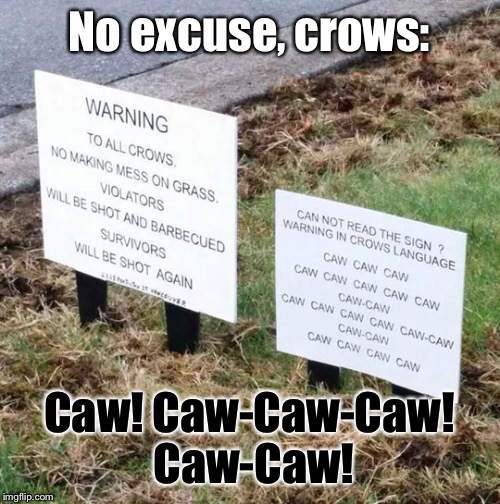 Caw! | No excuse, crows:; Caw! Caw-Caw-Caw! Caw-Caw! | image tagged in memes,funny signs,animals | made w/ Imgflip meme maker