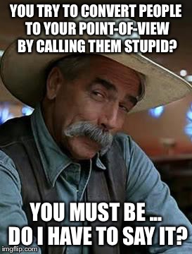 Sam Elliott | YOU TRY TO CONVERT PEOPLE TO YOUR POINT-OF-VIEW BY CALLING THEM STUPID? YOU MUST BE ... DO I HAVE TO SAY IT? | image tagged in sam elliott,special kind of stupid | made w/ Imgflip meme maker