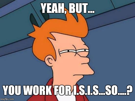 Futurama Fry Meme | YEAH, BUT... YOU WORK FOR I.S.I.S...SO....? | image tagged in memes,futurama fry | made w/ Imgflip meme maker