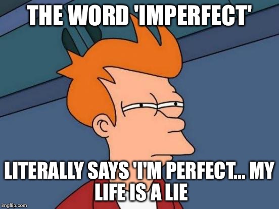 Futurama Fry Meme | THE WORD 'IMPERFECT'; LITERALLY SAYS 'I'M PERFECT...
MY LIFE IS A LIE | image tagged in memes,futurama fry | made w/ Imgflip meme maker