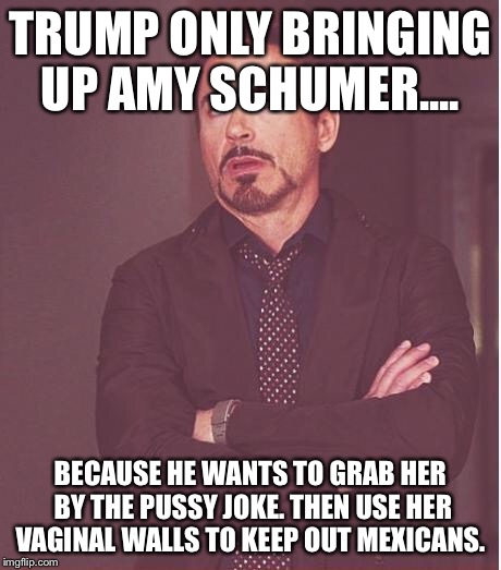 Face You Make Robert Downey Jr Meme | TRUMP ONLY BRINGING UP AMY SCHUMER.... BECAUSE HE WANTS TO GRAB HER BY THE PUSSY JOKE. THEN USE HER VA**NAL WALLS TO KEEP OUT MEXICANS. | image tagged in memes,face you make robert downey jr | made w/ Imgflip meme maker