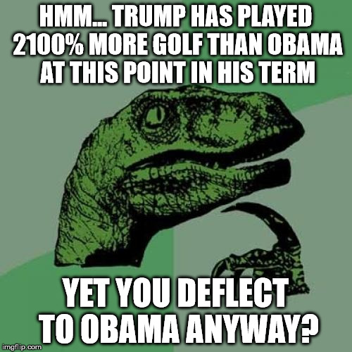 Philosoraptor Meme | HMM... TRUMP HAS PLAYED 2100% MORE GOLF THAN OBAMA AT THIS POINT IN HIS TERM YET YOU DEFLECT TO OBAMA ANYWAY? | image tagged in memes,philosoraptor | made w/ Imgflip meme maker